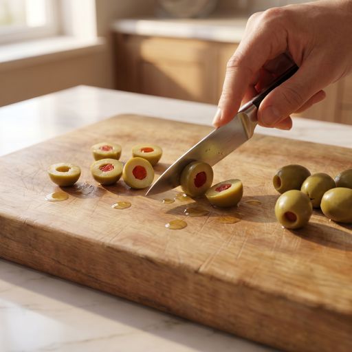 Halved pimento-stuffed green olives
