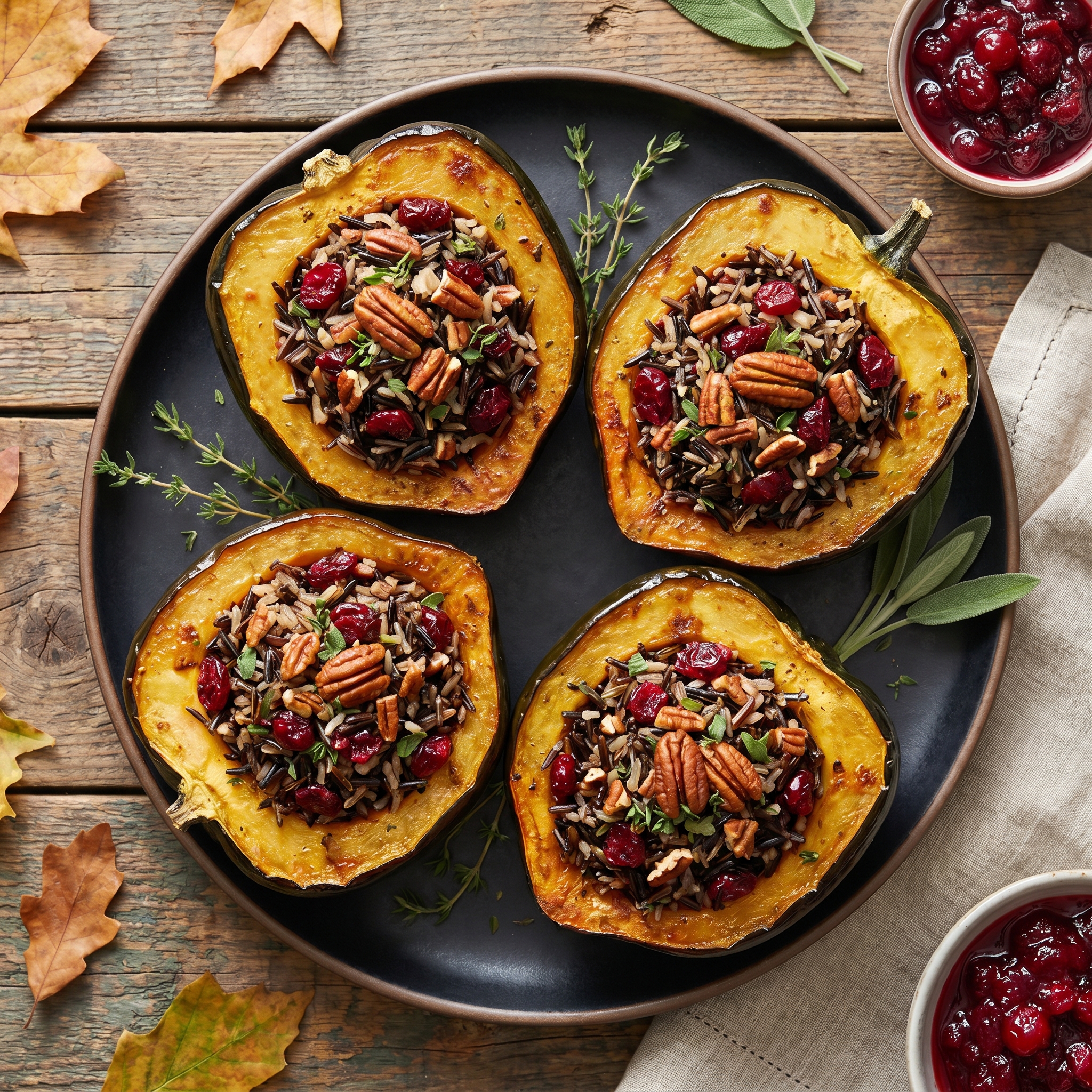 Harvest Stuffed Acorn Squash with Wild Rice and Cranberries